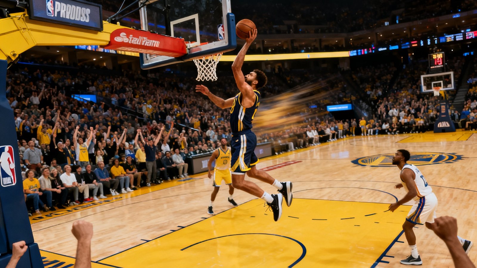 NBA季后赛高清直播画面，球员飞身扣篮瞬间，篮筐上方计时器亮起，场馆内观众沸腾