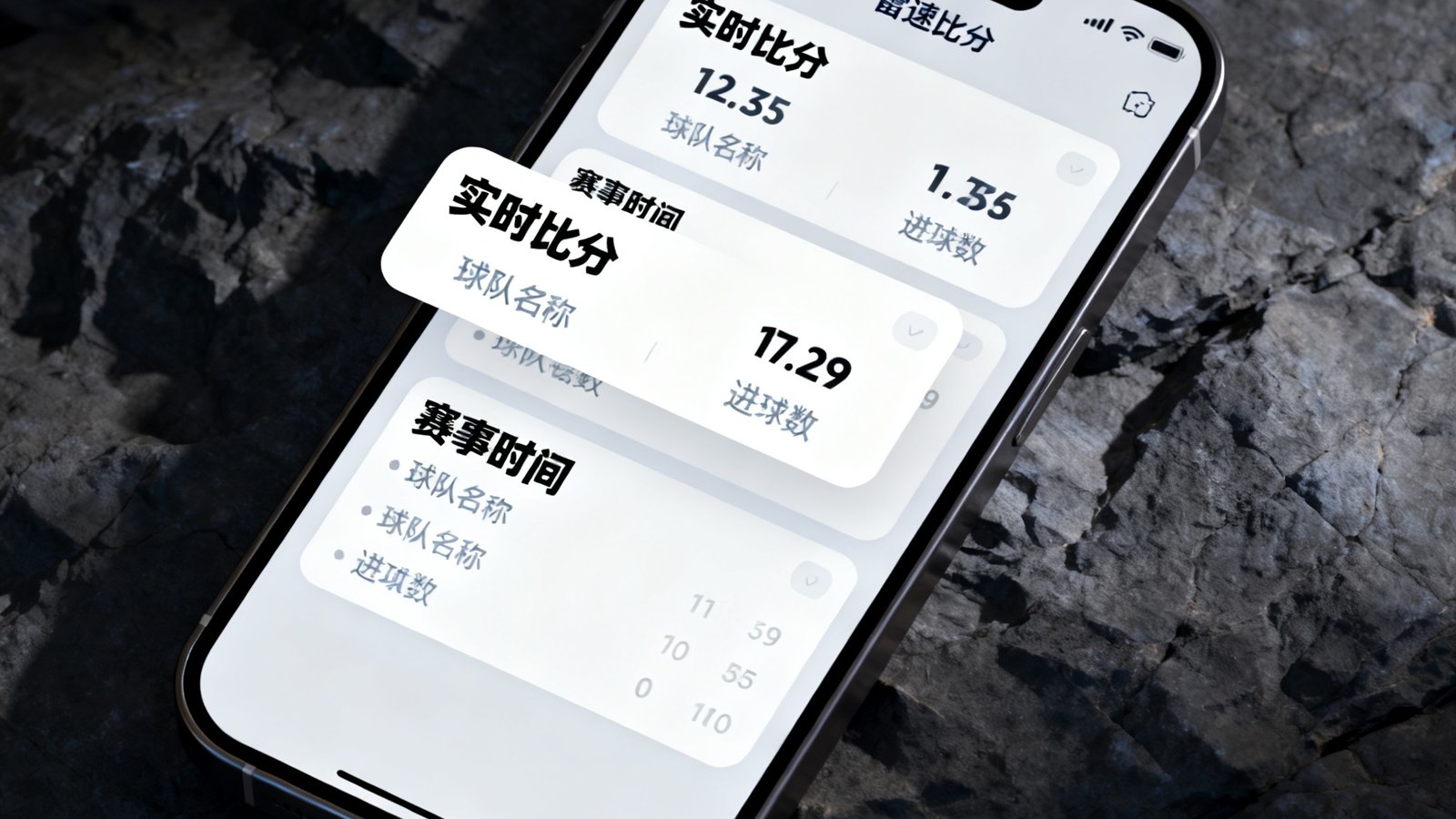 手机屏幕上展示雷速比分新版App界面，比分卡片设计简洁现代，数据一目了然